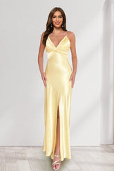 Sheath/Column Straps V-Neck Pleated Long Bridesmaid Dresses with Split Side