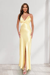 Sheath/Column Straps V-Neck Pleated Long Bridesmaid Dresses with Split Side