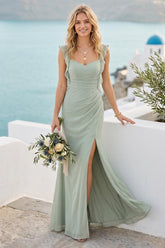 Sheath/Column Sweetheart Sleeveless Long Bridesmaid Dresses with Split Side & Ruffles