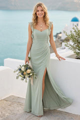 Sheath/Column Sweetheart Sleeveless Long Bridesmaid Dresses with Split Side & Ruffles