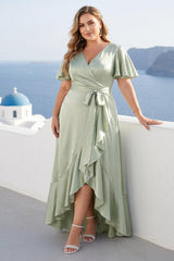 Sheath/Column V-Neck Short Sleeves Ruffles Asymmetrical Plus Size Dresses with Pockets & Sash