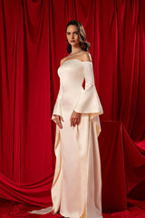 Sheath/Column Wedding Dress Long Sleeve Off the Shoulder Satin Bridal Gown