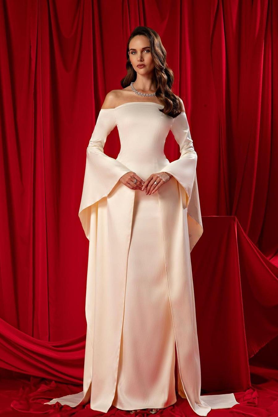 Sheath/Column Wedding Dress Long Sleeve Off the Shoulder Satin Bridal Gown