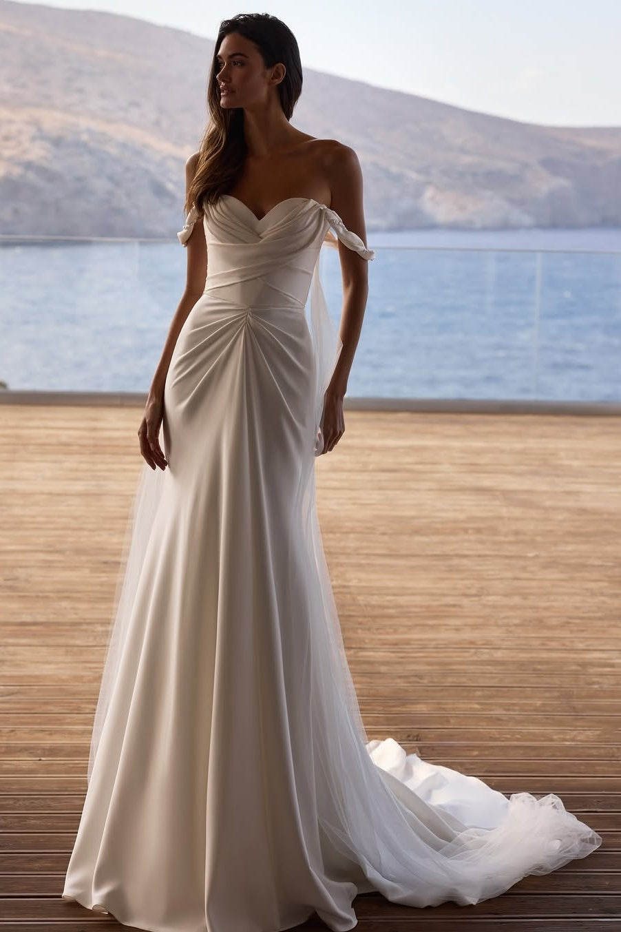 Sheath/Column Wedding Dress Satin Solid Cap Sleeve Off the Shoulder Bridal Gown