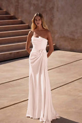 Sheath/Column Wedding Dress Sleeveless Strapless Satin Formal Gown With 3D Flowers