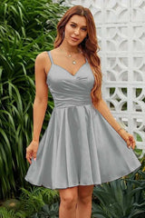 Shining Pink Homecoming Dress Spaghetti Straps Sleeveless V Neck Pleated Short Dress