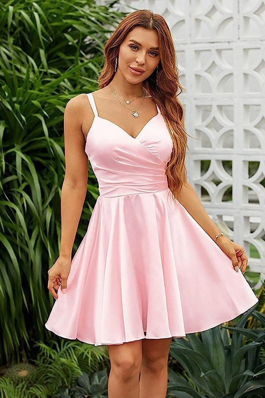 Shining Pink Homecoming Dress Spaghetti Straps Sleeveless V Neck Pleated Short Dress