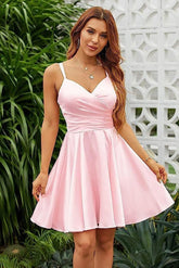 Shining Pink Homecoming Dress Spaghetti Straps Sleeveless V Neck Pleated Short Dress