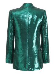 Shiny Dark Green Sequined Blazer And Skirt Set For Women