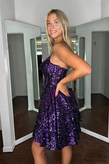 Shiny Homecoming Dress Grape Lace Up A Line Sequin Short Party Cocktail Dress