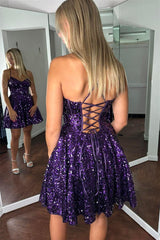 Shiny Homecoming Dress Grape Lace Up A Line Sequin Short Party Cocktail Dress