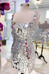 Shiny Homecoming Dress Silver Scoop Neck Mirror Bodycon Short Party Cocktail Dress