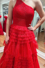 Shiny Red Prom Dress One Shoulder Ruffle Tulle A Line Long Evening Dress