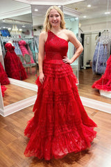 Shiny Red Prom Dress One Shoulder Ruffle Tulle A Line Long Evening Dress