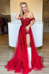 Shiny Tow Piece Prom Dress Off the Shoulder Red Sequin Long Evening Dress