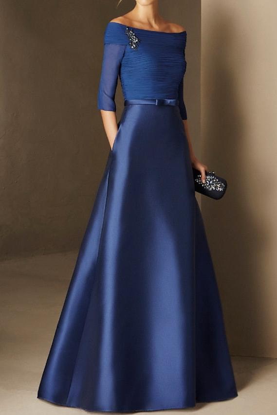 Short-Sleeve Off-the-Shoulder A-Line Mother of the Bride Dress with Belt Applique