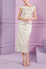 Short Sleeve Tea-Length Cowl Neck Sheath Dress with Ruffles for the Mother of the Bride
