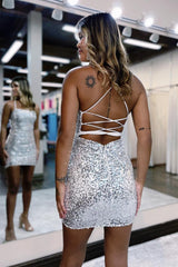 Silver Homecoming Dresses Lace-Up Sequin Tight Short Cocktail Dresses