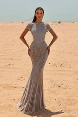 Silver Mermaid Prom Dress Cap Sleeve Crew Neck Formal Dress With Sequins