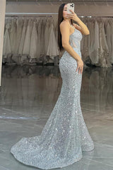 Silver Mermaid Prom Dress Sleeveless Spaghetti Straps Formal Dress With Sequins