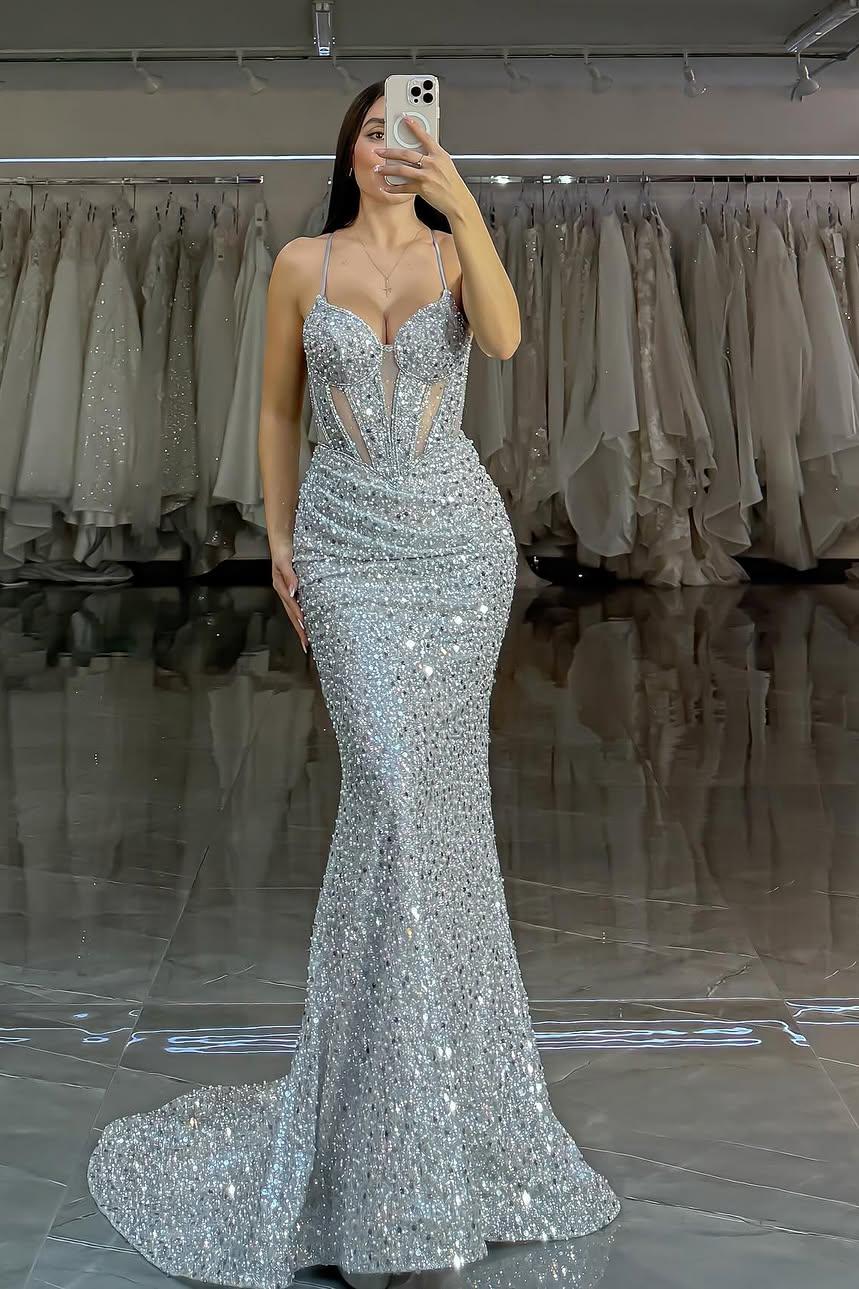 Silver Mermaid Prom Dress Sleeveless Spaghetti Straps Formal Dress With Sequins