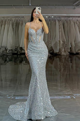 Silver Mermaid Prom Dress Sleeveless Spaghetti Straps Formal Dress With Sequins