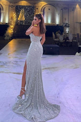 Silver Mermaid Prom Dress Sleeveless Sweetheart Formal Dress With Sequins