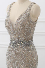 Silver Mermaid Prom Dress Sleeveless V Neck Formal Dress With Beadings and Rhinestones