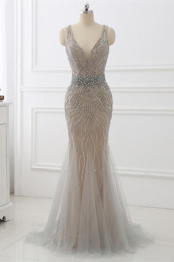 Silver Mermaid Prom Dress Sleeveless V Neck Formal Dress With Beadings and Rhinestones