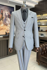 Silver Peaked Lapel 3 Piece Business Men's Suit