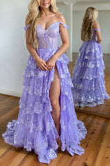 Silver Prom Dress A Line Off the Shoulder Corset with Lace Ruffles Evening Dress