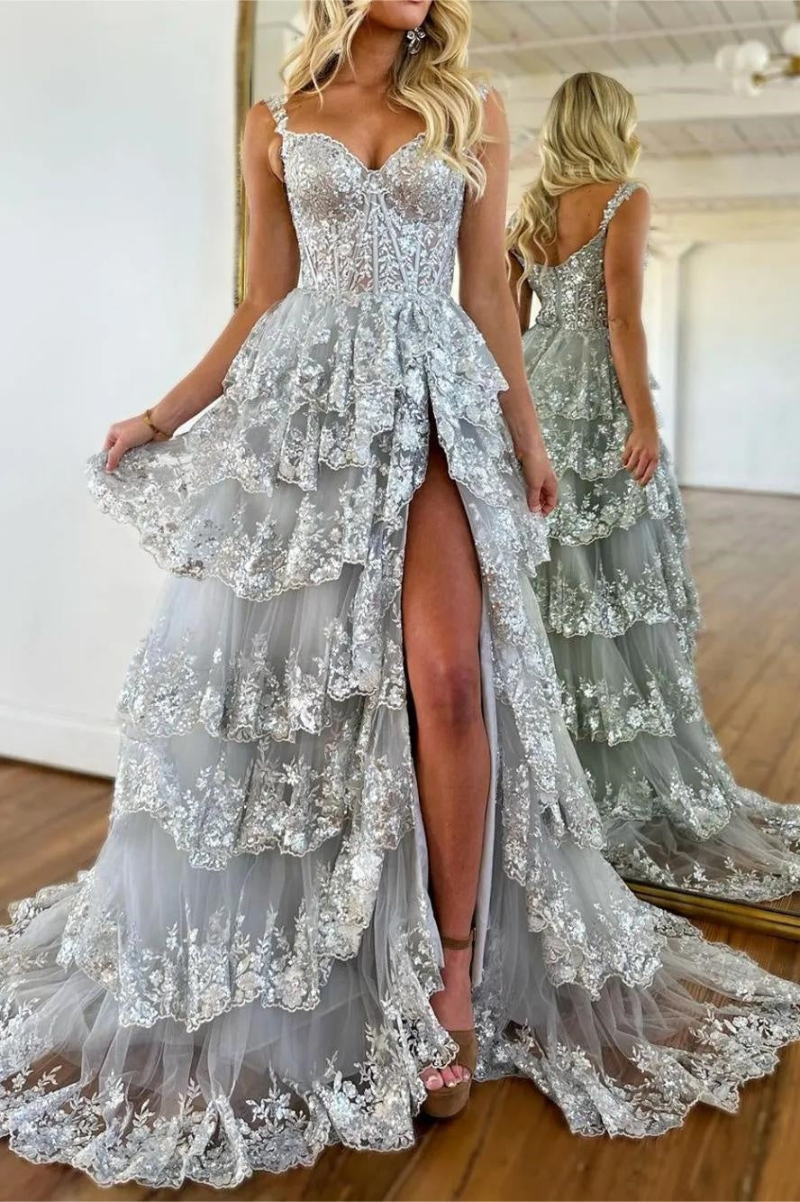 Silver Prom Dress A Line Off the Shoulder Corset with Lace Ruffles Evening Dress