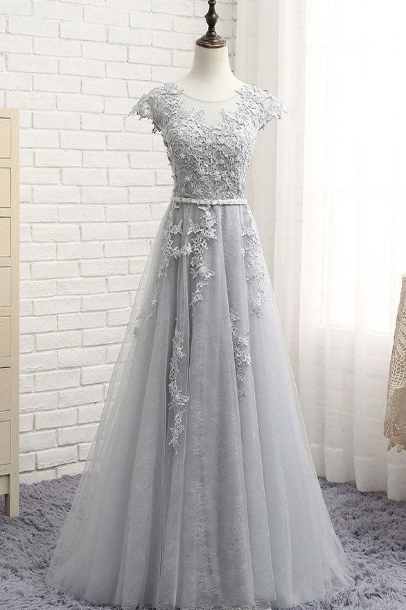 Silver Prom Dress Crew Neck Lace Appliques e Long Formal Gown Evening Dress
