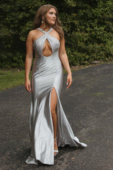 Silver Prom Dress Halter Mermaid Hollow Out Long Evening Dress with Slit