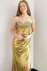 Silver Prom Dress Mermaid Beaded Metallic Long Evening Dress with Slit