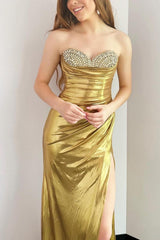 Silver Prom Dress Mermaid Beaded Metallic Long Evening Dress with Slit