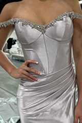 Silver Prom Dress Off The Shoulder Mermaid Satin Long Evening Dress with Slit