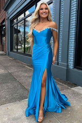 Silver Prom Dress Off The Shoulder Mermaid Satin Long Evening Dress with Slit