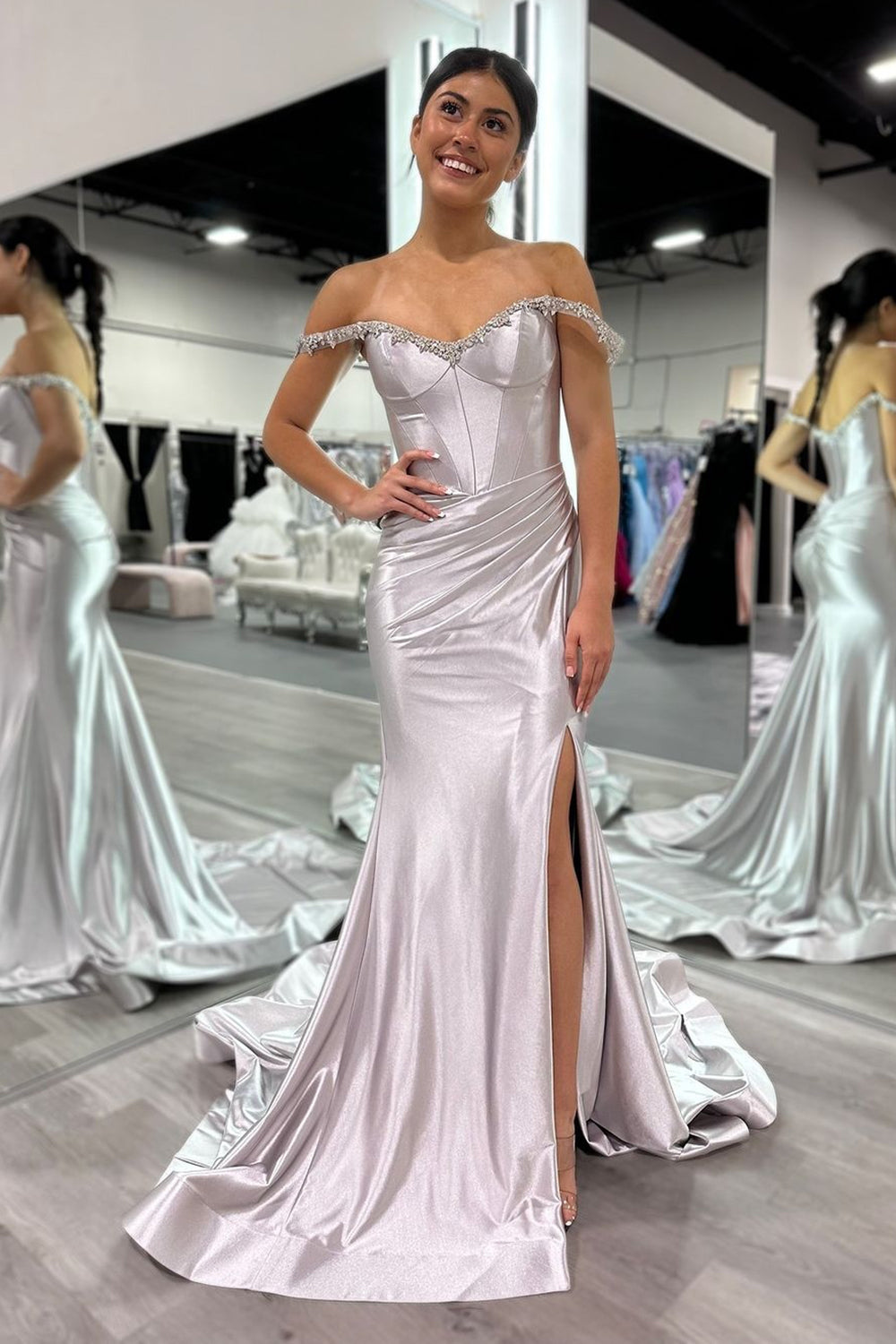 Silver Prom Dress Off The Shoulder Mermaid Satin Long Evening Dress with Slit
