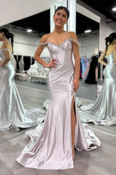 Silver Prom Dress Off The Shoulder Mermaid Satin Long Evening Dress with Slit