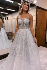 Silver Prom Dress Sequin Princess Straps A Line Prom Gown Evening Dress