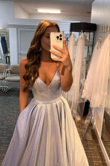 Silver Prom Dress V Neck Satin Long Evening Dress
