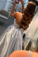 Silver Prom Dress V Neck Satin Long Evening Dress