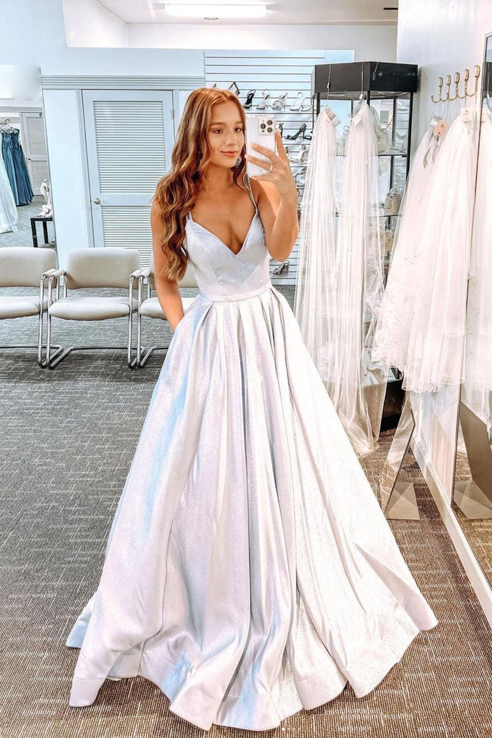 Silver Prom Dress V Neck Satin Long Evening Dress