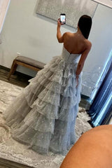 Dressystars Silver Sparkling A-Line Sweetheart Ruffle Layer Prom Ball Gown Formal Evening Gown
