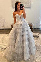 Dressystars Silver Sparkling A-Line Sweetheart Ruffle Layer Prom Ball Gown Formal Evening Gown
