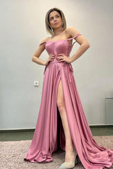 Simple A Line Satin Long Pink Prom Dress Formal Gown Evening Dress