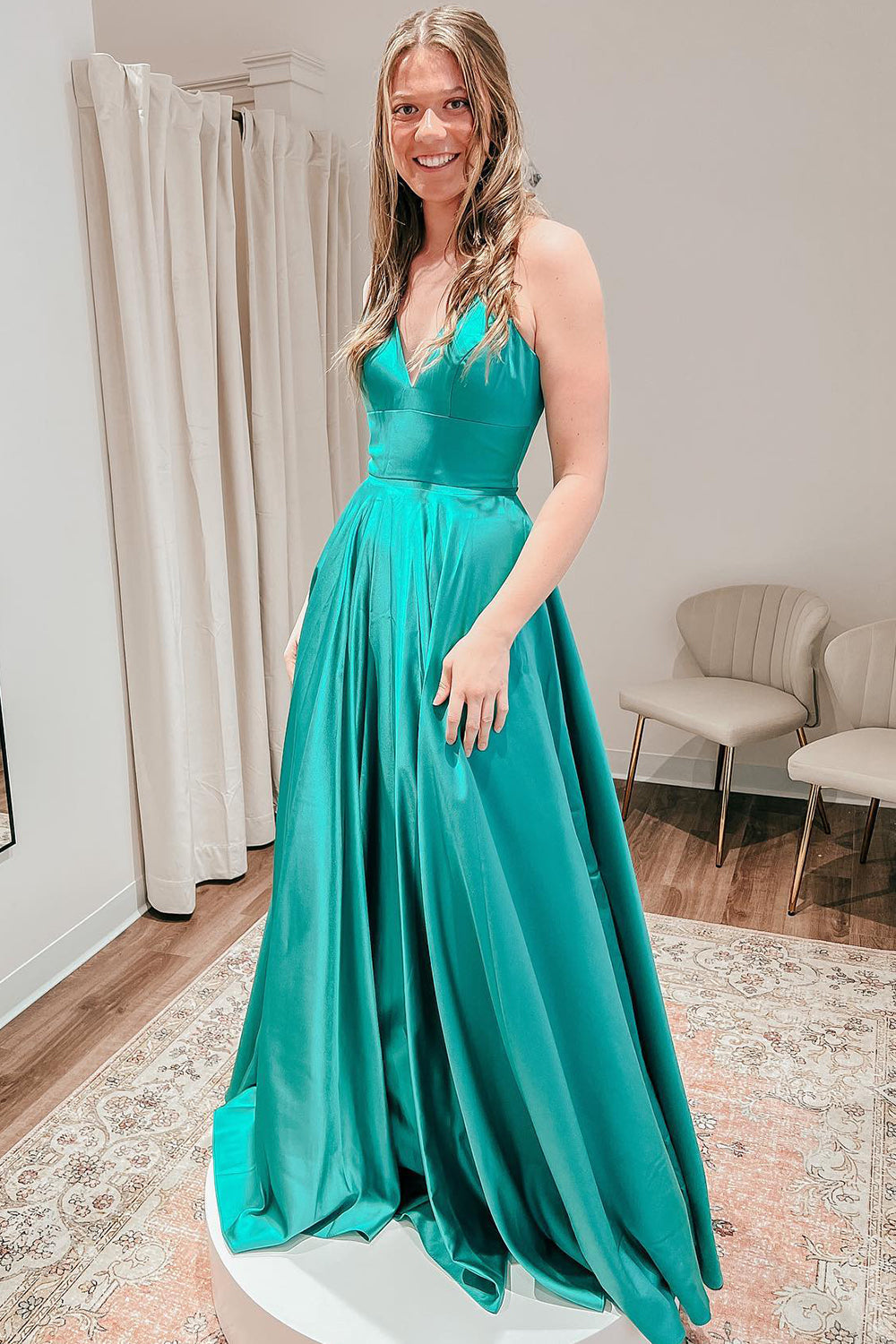 Simple A Line Spaghetti Straps Green Prom Dress Long Evening Dress with Slit