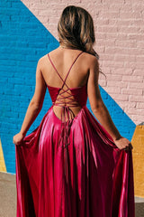 Simple A Line Spaghetti Straps Hot Pink Prom Dress Long Evening Dress with Slit