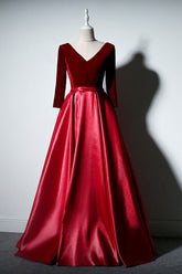 Simple A Line Velvet Formal Dress Long Sleeves Burgundy Evening Dress